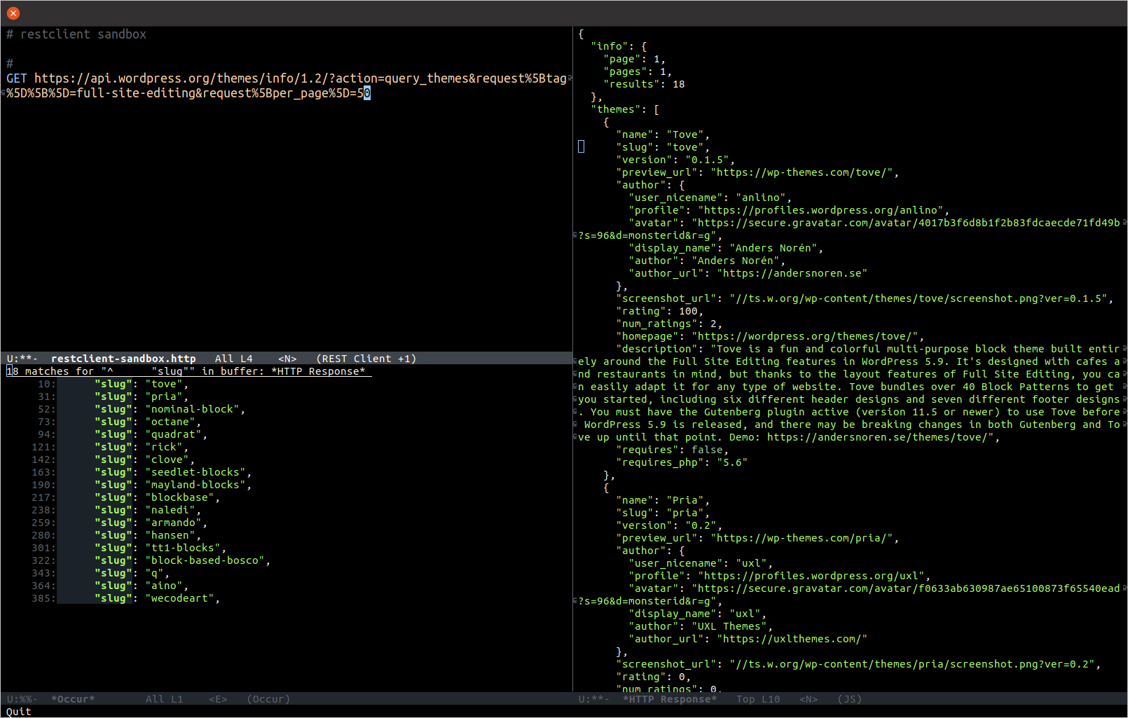 A screenshot of exploring the api.wordpress.org/themes/info endpoint.