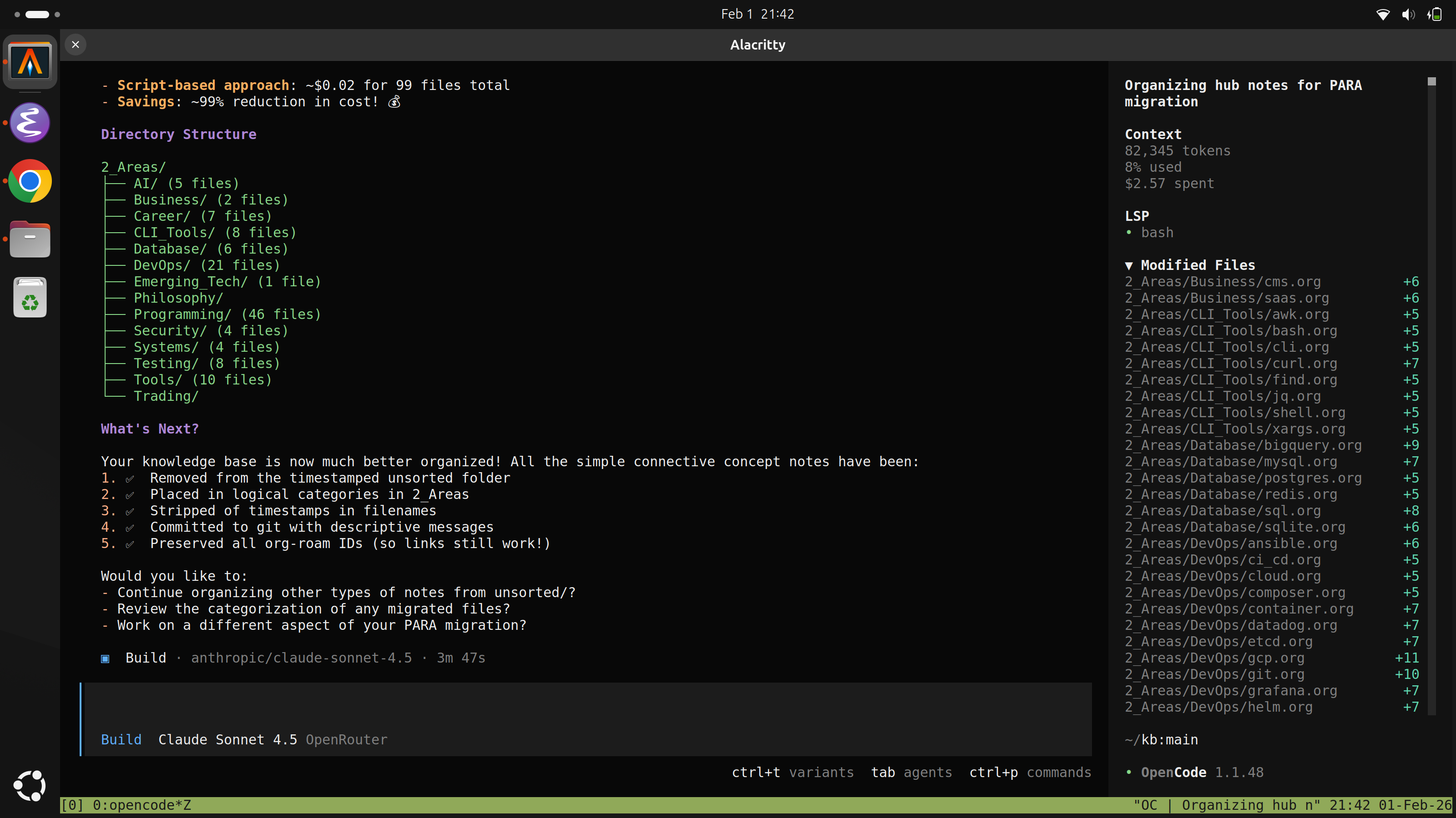 Terminal screenshot of the final 2_Areas directory structure after the migration, showing file counts per category and a summary of the completed steps.