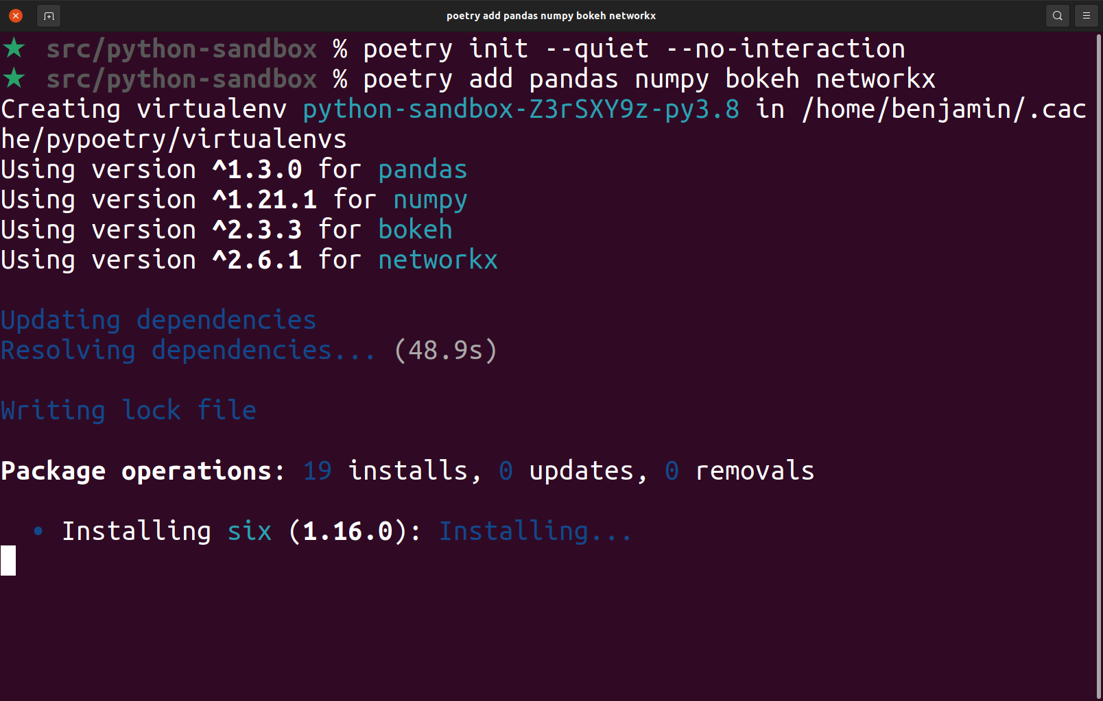 Screenshot showing the process of using Poetry to install Python dev dependencies.