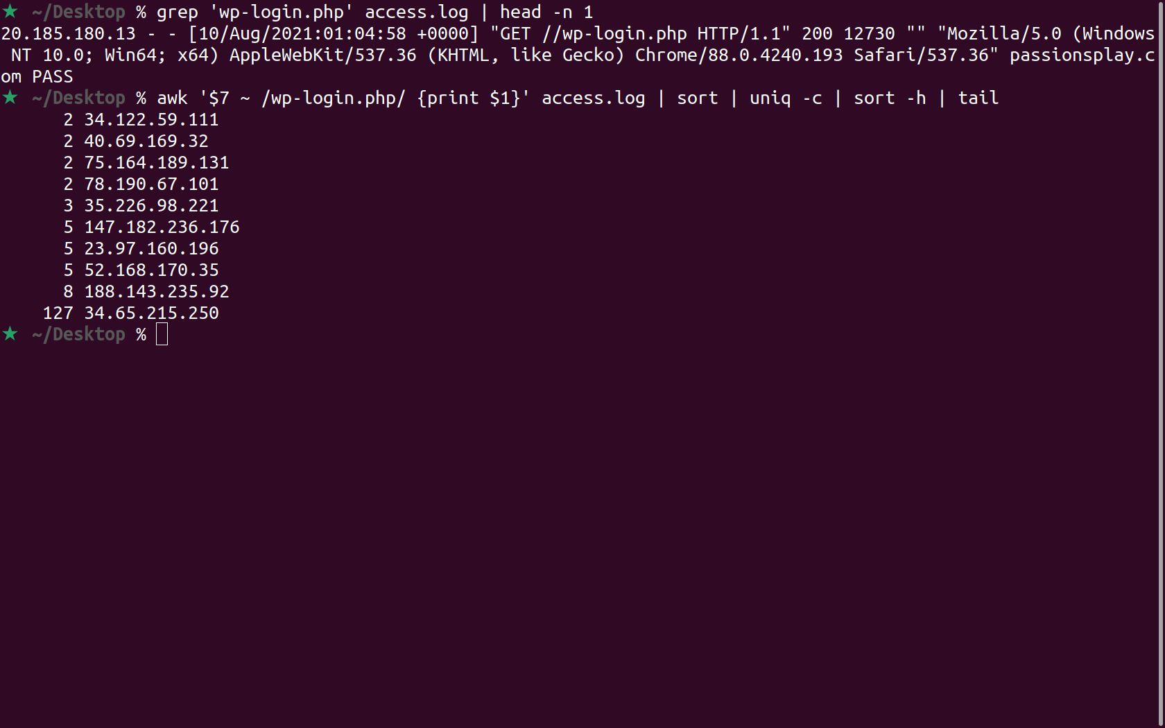 A screenshot of using awk to count the number of requests to the wp-login.php file.