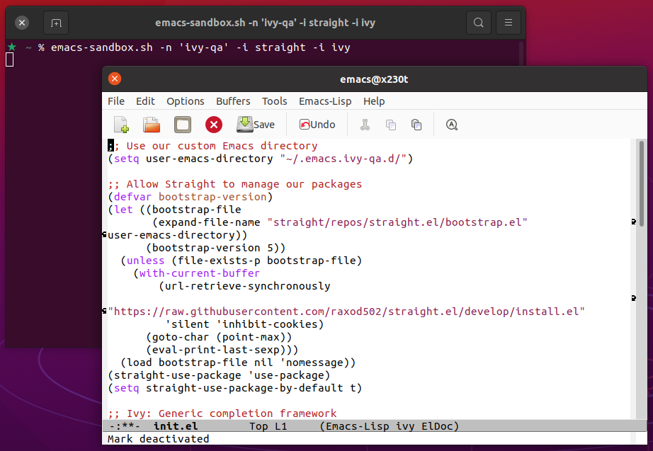 Screenshot of using the script to create an emacs sandbox.
