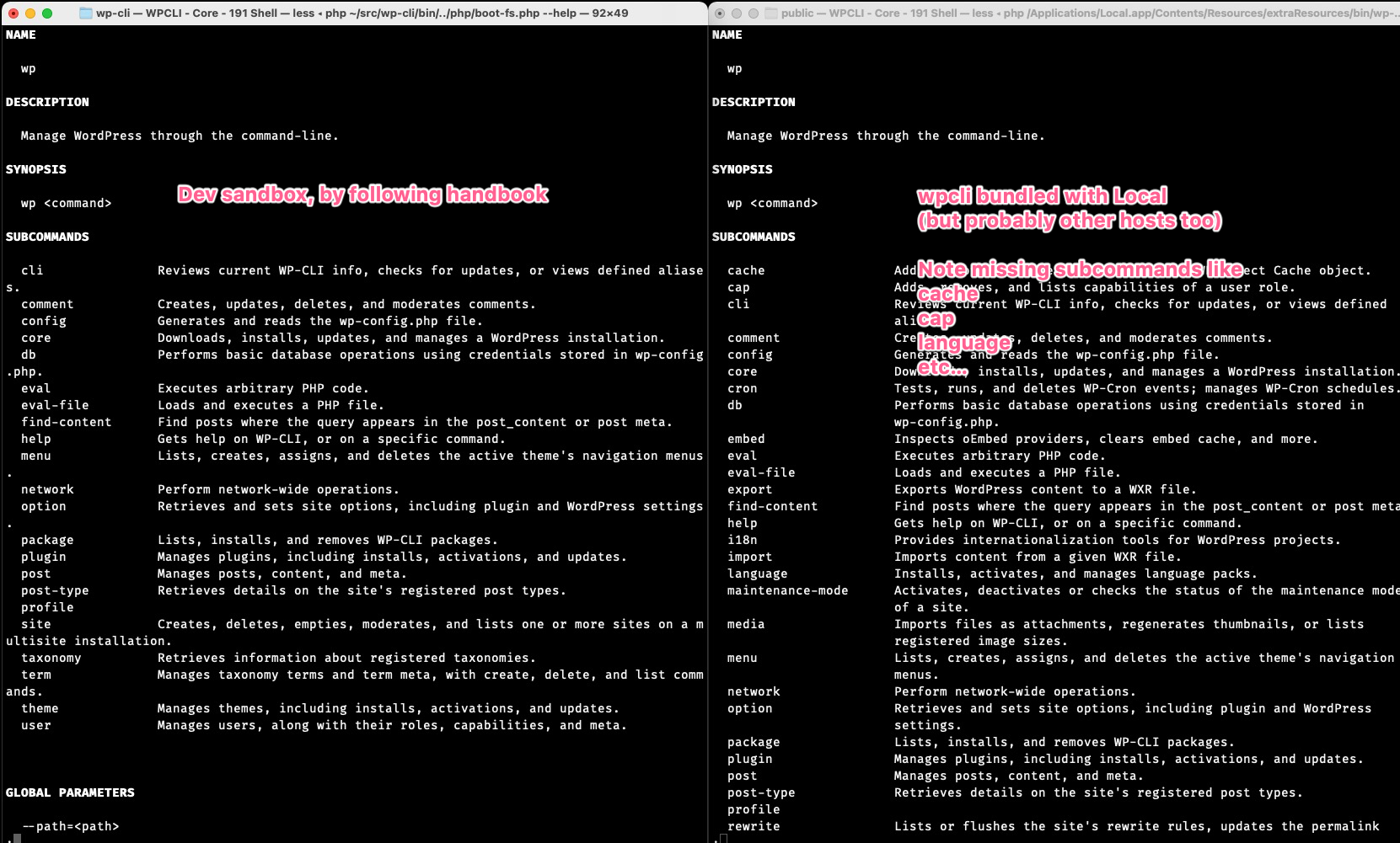 A screenshot comparing two terminal sessions, one using a default installation of wpcli, and one after creating a dev sandbox.