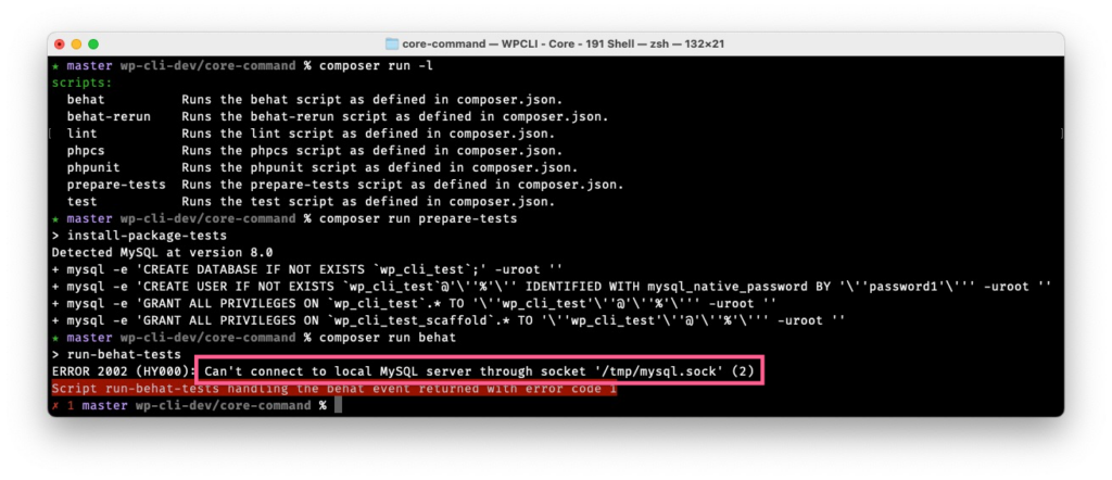 A screenshot showing the MySQL error related to connecting to the MySQL socket.