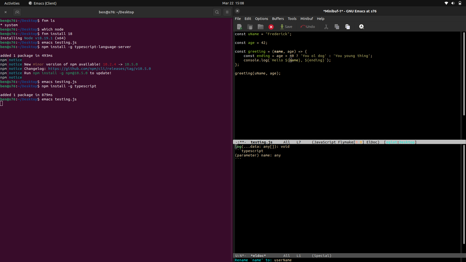 Screenshot of newly compiled Emacs showing syntax highlighting via tree-sitter and variable renaming via eglot.